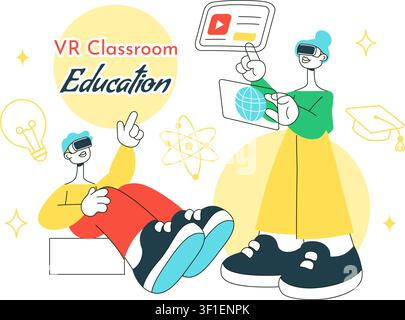 VR Classroom Education Illustration Featuring Students Learning with Virtual Reality Headsets, Digital Lessons, and Online Learning Technology Stock Vector