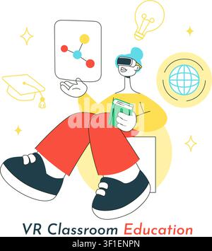 VR Classroom Education Illustration Featuring Students Learning with Virtual Reality Headsets, Digital Lessons, and Online Learning Technology Stock Vector