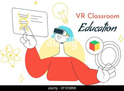 VR Classroom Education Illustration Featuring Students Learning with Virtual Reality Headsets, Digital Lessons, and Online Learning Technology Stock Vector