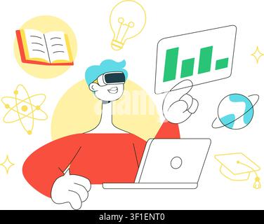 VR Classroom Education Illustration Featuring Students Learning with Virtual Reality Headsets, Digital Lessons, and Online Learning Technology Stock Vector