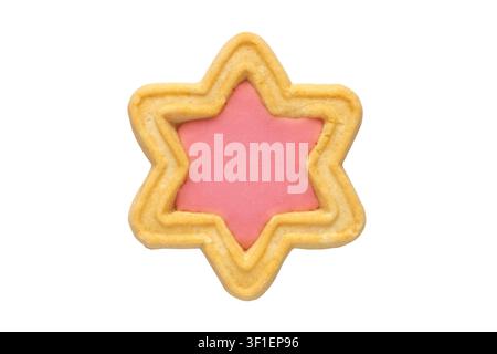 Star-shaped cookies with pink filling on a white background. One cookie isolated close-up Stock Photo