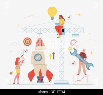 Startup rocket people. Development and product launch, team building innovative business project, strategy planning, startup management, nowaday Stock Vector
