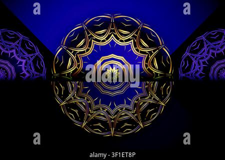 Decorative Deep Blue Gold Mandala Pattern Background With Symmetrical Geometric Details For Elegant Premium Design Concepts Stock Vector