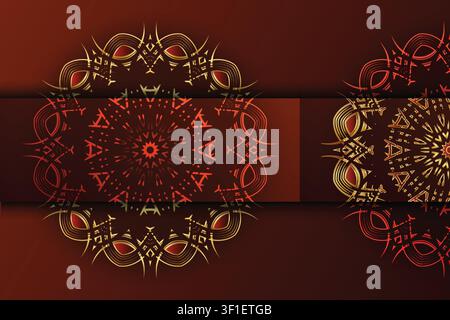 Vibrant Deep Maroon Background Featuring Gold Pink Purple Mandala Ornament And Kaleidoscope Inspired Luxury Art Stock Vector