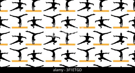 Horizontal seamless repeat highlights gymnast silhouettes on balance beam in simple layout. Vector illustration for textiles, wallpaper, wrapping paper, home decor or packaging graphics Banner Format Stock Vector