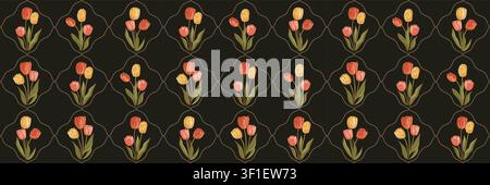 Vintage Tulip Seamless Pattern with Art Deco Geometric Frames Stock Vector