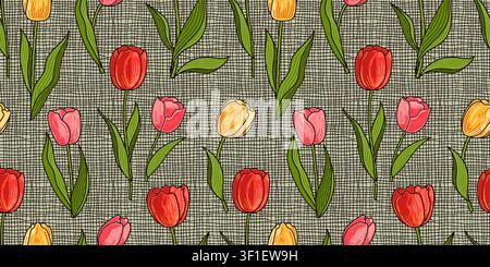 Vintage Tulip Seamless Pattern with Textured Linen Style Background Stock Vector