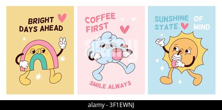 Retro style cards. Funny rainbow, cloud, sun characters, positive quotes, coffee vibes, happiness and cheerful lifestyle, motivational phrases and Stock Vector