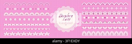 Collection of scallop lace white and pink borders. Seamless fourteen embroidery lines. Stock Vector