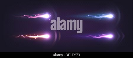 Futuristic laser gun firing effects set isolated on transparent background. Vector realistic illustration of bright energy beams, plasma trails, dynamic blast elements for space games, comics designs Stock Vector