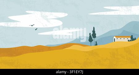 Autumn landscape with golden fields and rolling hills under blue sky with white clouds and flying birds. Fall countryside scene with harvested wheat meadows, distant mountains and farm home building Stock Vector
