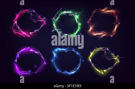 Set of neon electric energy rings isolated on black background. Vector realistic illustration of glowing color lightning bolts, powerful thunder circle with bright sparks and plasma charge, game frame Stock Vector