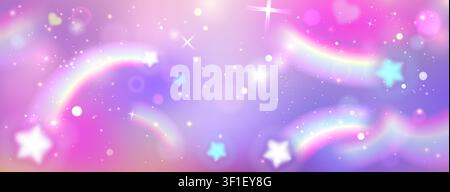 Cute unicorn background with rainbow sky, pastel stars and magical sparkles. Vector realistic illustration of dreamy fairy tale scene, pink clouds and glitter for princess designs, fantasy cloudscape Stock Vector