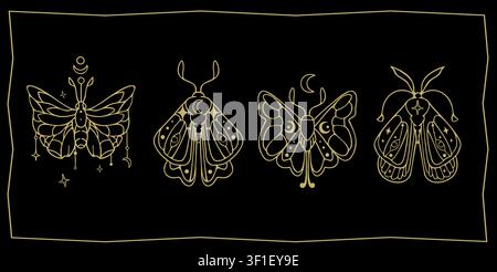 Celestial moth and butterfly set with moon and star icons isolated on black background. Vector illustration of mystical golden doodle insects decorated with esoteric signs, tarot card design elements Stock Vector