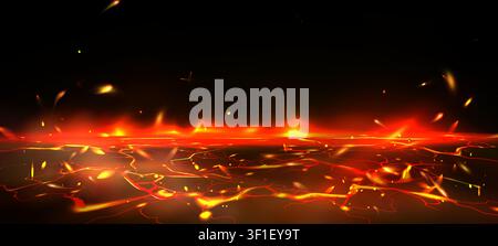 Glowing lava texture with molten magma in ground cracks, fiery red volcanic background, realistic vector illustration. Dramatic hellish liquid flame, broken stone with hot smoke and flying sparks Stock Vector
