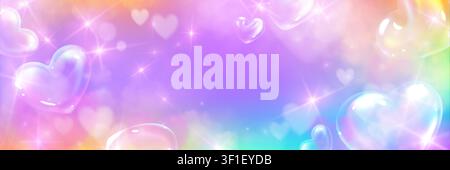 Heart shaped bubbles with sparkle effects on pink and blue gradient background. Magical holographic hearts with glitter and rainbow light for romantic design. Dreamy heart bubbles with shimmering glow Stock Vector