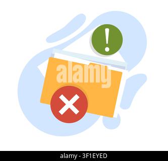 File error and document management problem. Missing folder, deleted files, warning notification and data loss issue, review and correction, validation Stock Vector