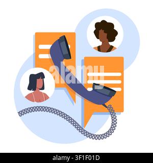 Customer support and phone communication. People connected through telephone conversation, contact center and business client service, handset and Stock Vector