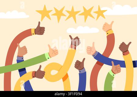 Customer satisfaction and five star rating. Positive feedback, client review, service quality evaluation and user experience, banner design, ecommerce Stock Vector