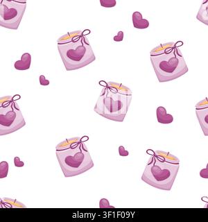 A seamless pattern featuring lilac candles and purple hearts Stock Vector