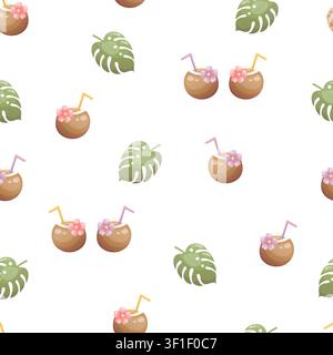 Tropical Coconut Drinks and Monstera Seamless Pattern Stock Vector