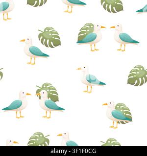 A seamless pattern featuring seagulls and monstera leaves Stock Vector