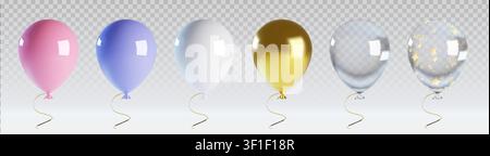 Realistic set of colorful festive balloons isolated on transparent background. Vector illustration pink, blue, golden helium air balls with metallic ribbons, decoration for birthday party atmosphere Stock Vector