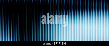 Glass fractal design with neon blue gradient and geometric stripes pattern. Vertical ribbed texture with prismatic light effect, abstract vector background. Fluorescent technological banner Stock Vector