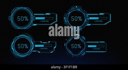 Modern hud interface with circular frame, progress bars and loading indicators, abstract vector icons. Futuristic dashboard elements with digital percentage displays, tech graphics for game ui design. Stock Vector