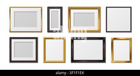 Elegant gold frames with wooden or metal borders for photos and artwork, 3d realistic vector set isolated on white background. Classic golden picture design for certificates and paintings Stock Vector