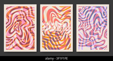 Psychedelic swirl patterns set with vibrant wavy lines. Set of vector posters with abstract colorful groovy background, funky geometric shapes and trippy radial circles for modern crazy banner design Stock Vector