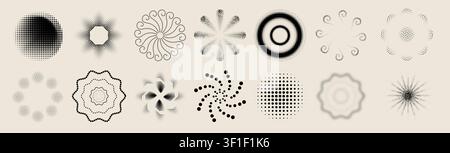 Abstract circular pattern with radial halftone dots and dynamic swirl effect, vector icons isolated on background. Modern geometric gradient design, graphic elements with spiral shape, pulse texture Stock Vector