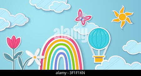Colorful wallpaper with paper cut rainbow and clouds on blue sky background. Vector illustration of cute sun, flowers, butterfly and hot-air balloon, child dream banner design, papercraft scenery Stock Vector