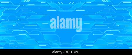 Seamless AI circuit board pattern with semiconductor lines on blue background. Vector realistic illustration of futuristic tech bg, electronic chip backdrop, digital network, data cloud texture Stock Vector