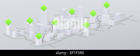 3D isometric city map illustration, white buildings with location pins, roads and streets. Urban vector illustration, navigation or rental concept with town layout and green real estate gps marks Stock Vector