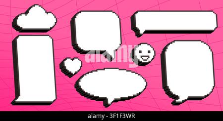 3d pixel speech bubbles and emotion icons for retro messenger design. Vector illustration set of empty isometric text clouds, smiling face, heart and lightning, creative 90s style computer graphics Stock Vector