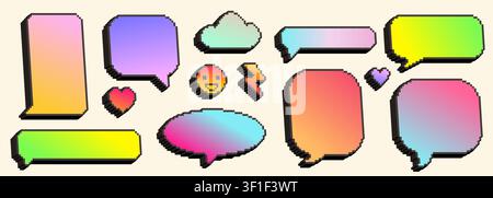 3d pixel speech bubbles, neon emotion icons for retro messenger design. Vector illustration set of empty isometric text clouds, smiling face, heart and lightning, creative 90s style computer graphics Stock Vector