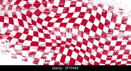 Finish racing flag pattern with checkered design and grunge scratched texture, realistic vector background. Dynamic car race graffiti with bold red and white checker elements for sport event banner Stock Vector