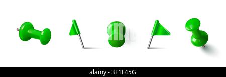 Green thumbtack pin icons with shadow, 3d realistic vector set isolated on white background. Pushpin design of different kinds for office board, paper notes, and memo fixation Stock Vector