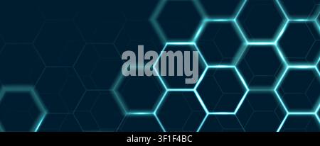 Abstract hexagon pattern with glowing blue neon lights on dark background. Vector realistic illustration of futuristic tech grid texture for digital design, modern game space, presentation backdrop Stock Vector