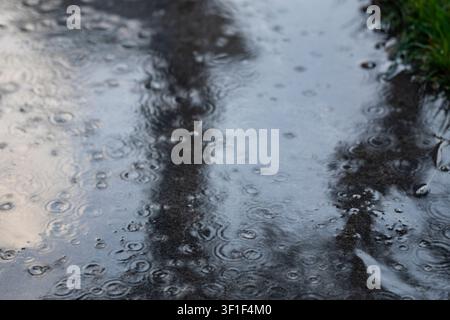 Close-up of raindrops creating circular ripples on wet pavement during rainfall. Abstract rainy weather background with reflections and natural water Stock Photo