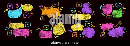Pack of eight designs with color crayon speech bubbles. Hand drawn Irregular text boxes. Stock Vector