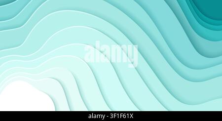Layered paper topographic background with flowing abstract waves, turquoise gradient depths and white paper cut relief patterns, vector illustration. Origami map design for ocean or sea landscape Stock Vector