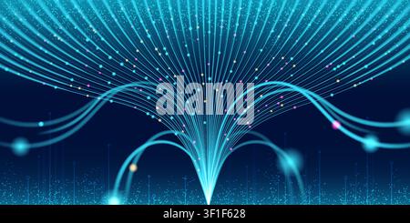 Abstract ai data flow vector background. Neon glowing blue stream, neural networks algorithm, big data analysis model and digital technology concepts with dynamic line patterns and connected particles Stock Vector
