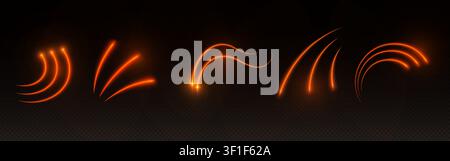 High speed light trails with dynamic motion effect and orange neon beams and sparkling rays, abstract vector set isolated on transparent background. Glowing realistic arrows for modern tech design Stock Vector