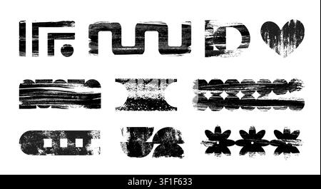 Bold paint strokes and brush textures, vector realistic grunge patterns isolated on white background. Black ink stripe smears, stencil pattern roller line marks, and splashes for modern urban design Stock Vector