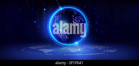 Neon Earth's globe with glowing blue network lines and motion effect, abstract vector background. 3d world map visualization with arrows, connected data points, digital sphere for technology design Stock Vector