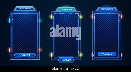 Hud frames set for tech game ui design. Vector realistic illustration of futuristic holographic screens, team or player data background, sci-fi dashboard, digital interactive panels, user display Stock Vector