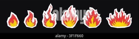 Doodle crayon fire in cut paper. Hand drawn flame with grunge texture. Graphic element ideal for collages and stickers. Crayon doodle red fire. Vector Stock Vector