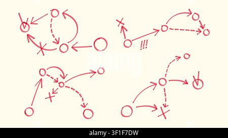 Hand drawn highlight arrows, dots and circles isolated on white background. Vector realistic illustration of red arrow doodles showing connection betw Stock Vector